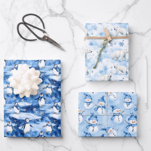 Blaue Weihnachtsfeier Geschenkpapier Set (Vorderseite)