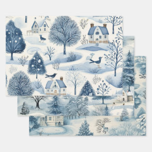 Blaue Weihnachtsferien Winter Schneelandschaft Geschenkpapier Set