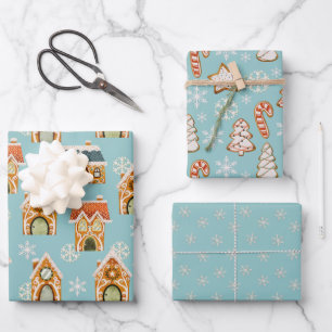 Blaue Weihnachtsgebäck Cookies Schneeflocken Geschenkpapier Set