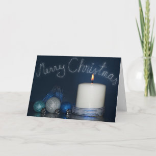 Blaue Weihnachtszeit mit Bläschen und Kerzen Feiertagskarte