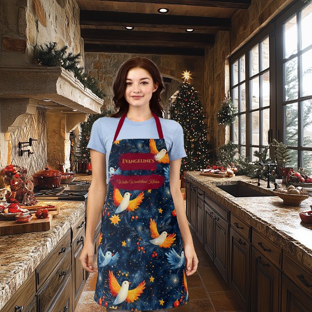 Blaue Weihnachtszeit-Schürze mit bunten Vögeln und Schürze (Von Creator hochgeladen)