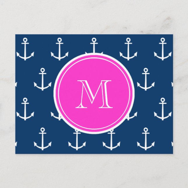 Blaue, weiße Ankermuster, Hot-Pink-Monogramm Postkarte (Vorderseite)