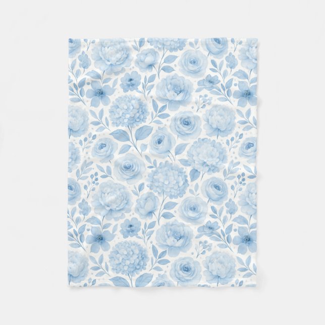 Blaue weiße Aquarell-Blumen Fleecedecke (Vorderseite)