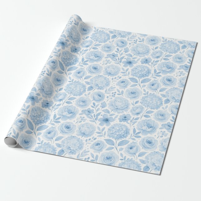 Blaue weiße Aquarell-Blumenmuster Geschenkpapier (Ungerollt)