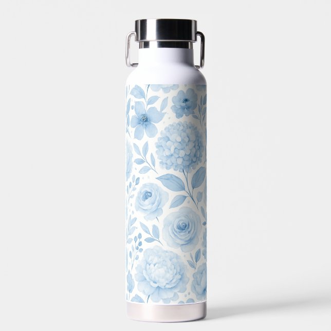 Blaue weiße Aquarell-Blumenmuster Trinkflasche (Vorne)
