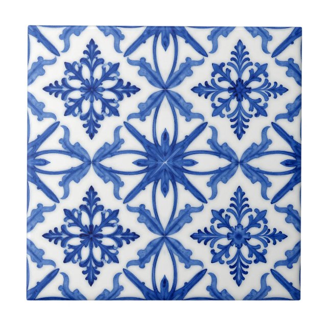 Blaue weiße Azulejo-Fliesen-Blumenmuster Fliese (Vorderseite)