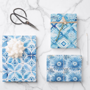 Blaue weiße Batik-Blumen-Junggesellinnenabschied Geschenkpapier Set
