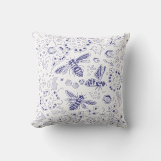 Blaue weiße Biene Blüte Einzigartig Rustikales Bau Kissen (Vorderseite)