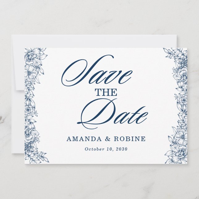 Blaue weiße Blume Elegant Save the Date einfach (Vorderseite)