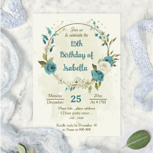 blaue weiße Blumen Grüne Geburtstag Einladung