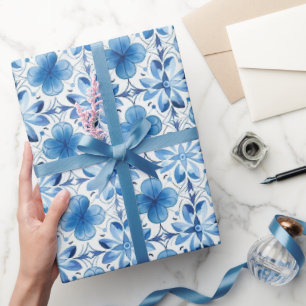 Blaue Weiße Blumen Junggesellinnenabschied Geschenkpapier