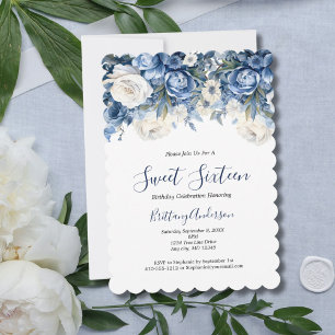Blaue weiße Blumen Sweet Sixteen 16 Geburtstag Einladung