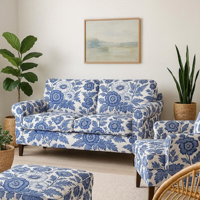 Blaue Weiße Blumen Viktorianische Antike Gartendek Stoff (Blue White Florals Victorian Vintage Garden Decor Fabric)