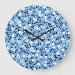 Blaue, weiße Blumen: Vintage Große Wanduhr