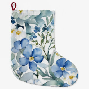 Blaue Weiße Blumen Wasserfarbe Chic Großer Weihnachtsstrumpf