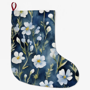 Blaue Weiße Blumen Wasserfarbe Chic Großer Weihnachtsstrumpf