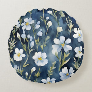 Blaue Weiße Blumen Wasserfarbe Chic Rundes Kissen