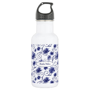 Blaue weiße Blumen-Wasserflasche mit Namen Edelstahlflasche