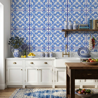 Blaue Weiße Blumenfliese Mediterrane Wanddekoratio Tapete