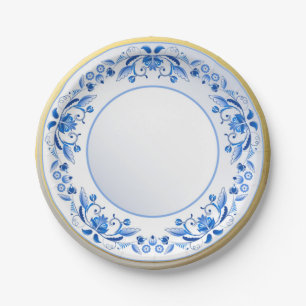 Blaue weiße Blumengestaltung Keramik-Optik Vintage Pappteller