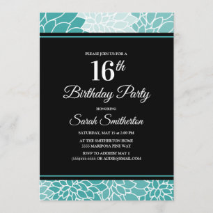 Blaue weiße Blumenparty zum 16. Geburtstag Einladung