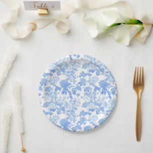 Blaue weiße Blumenrosen französisches Chinoiserie- Pappteller