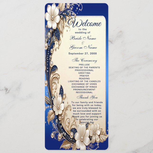 Blaue weiße Blumenverzierung Hochzeitsprogramm Programm (Vorderseite)