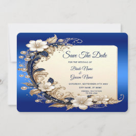 Blaue weiße Blumenverzierung Save The Date