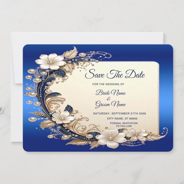 Blaue weiße Blumenverzierung Save The Date (Vorderseite)