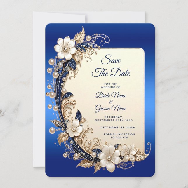 Blaue weiße Blumenverzierung Save The Date (Vorderseite)
