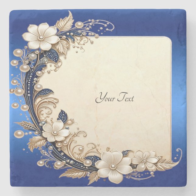 Blaue weiße Blumenverzierung Steinuntersetzer (Vorderseite)