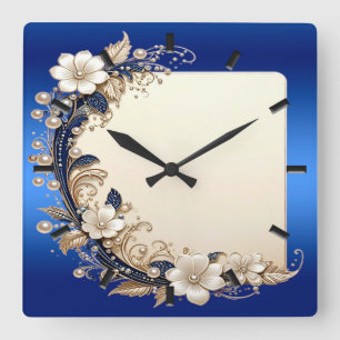 Blaue weiße Blumenverzierung Wanduhr