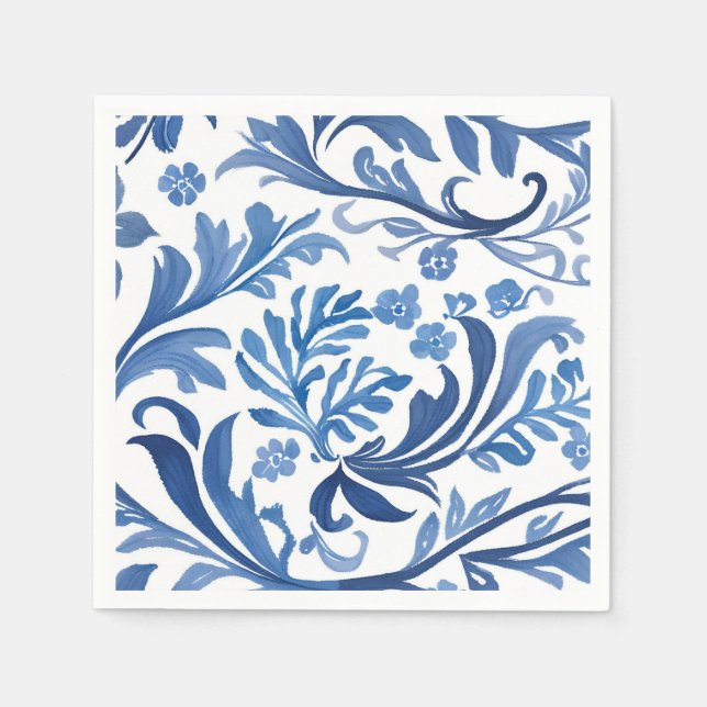 Blaue weiße Chinoiserie-Blumen Botanik Serviette (Vorderseite)