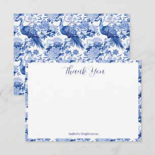 Blaue weiße Chinoiserie-Blumen-Pfauen-Vögel Dankeskarte