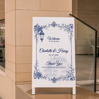 Blaue Weiße Chinoiserie-Gartenhochzeit Willkommen Poster