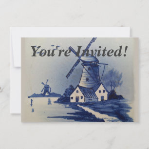 Blaue Weiße Delft-Windmühle im Vintage-Stil Einladung