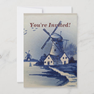Blaue Weiße Delft-Windmühle im Vintage-Stil Einladung