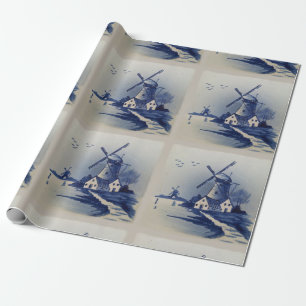 Blaue Weiße Delft-Windmühle im Vintage-Stil Geschenkpapier
