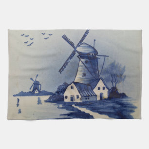 Blaue Weiße Delft Windmühle im Vintage-Stil Geschirrtuch