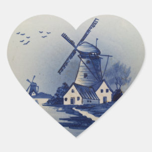 Blaue Weiße Delft Windmühle im Vintage-Stil Herz-Aufkleber