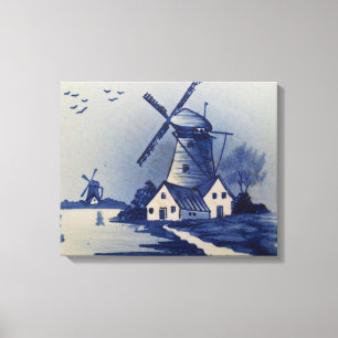 Blaue Weiße Delft Windmühle im Vintage-Stil Leinwanddruck