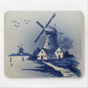 Blaue Weiße Delft-Windmühle im Vintage-Stil Mousepad