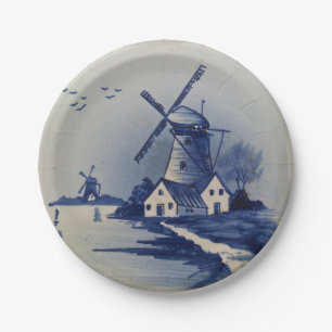 Blaue Weiße Delft Windmühle im Vintage-Stil Pappteller