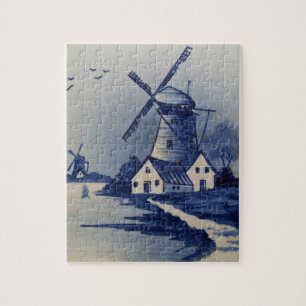 Blaue Weiße Delft Windmühle im Vintage-Stil Puzzle