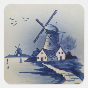 Blaue Weiße Delft-Windmühle im Vintage-Stil Quadratischer Aufkleber