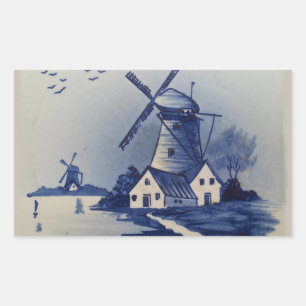 Blaue Weiße Delft Windmühle im Vintage-Stil Rechteckiger Aufkleber