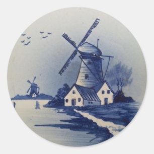 Blaue Weiße Delft-Windmühle im Vintage-Stil Runder Aufkleber