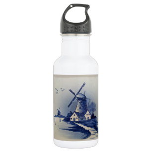 Blaue Weiße Delft-Windmühle im Vintage-Stil Trinkflasche