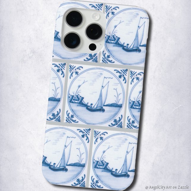 Blaue weiße Delfter Segelboot-Fliesenmuster-Imitat Case-Mate iPhone Hülle (Blue White Delft Sailboats Faux Tile Pattern Phone Case)