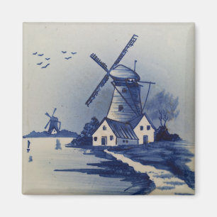 Blaue weiße Delfter Windmühle im Vintage-Stil Magnet